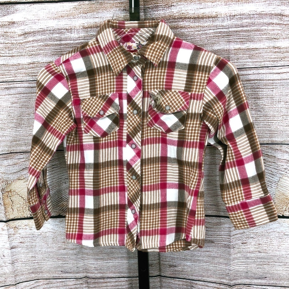 Farm Girl Authentic Pink, Green and Brown Button up Size 5/6